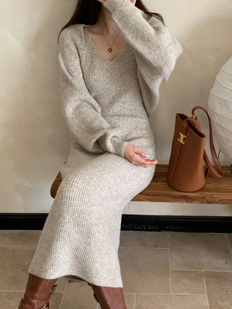 Vintage 2 Two Piece Dress Sets Women V Neck Midi Vest Dress Solid Short Sweater Jacket Coat Casual Cozy Warm Autumn Winter Suits