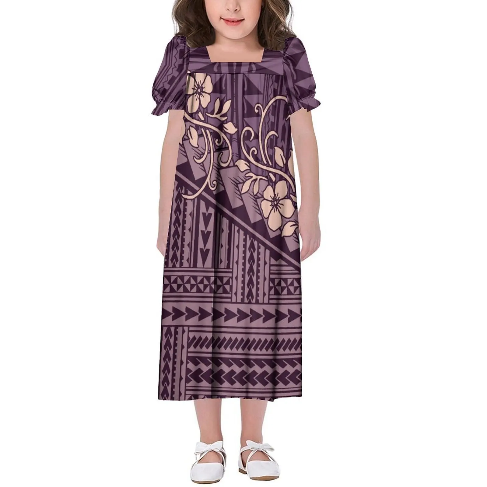 

High Quality Custom Puffy Sleeve Dress Mumu Girls Full Skirt Polynesian Art Print Muumuu Mini Dress For Children