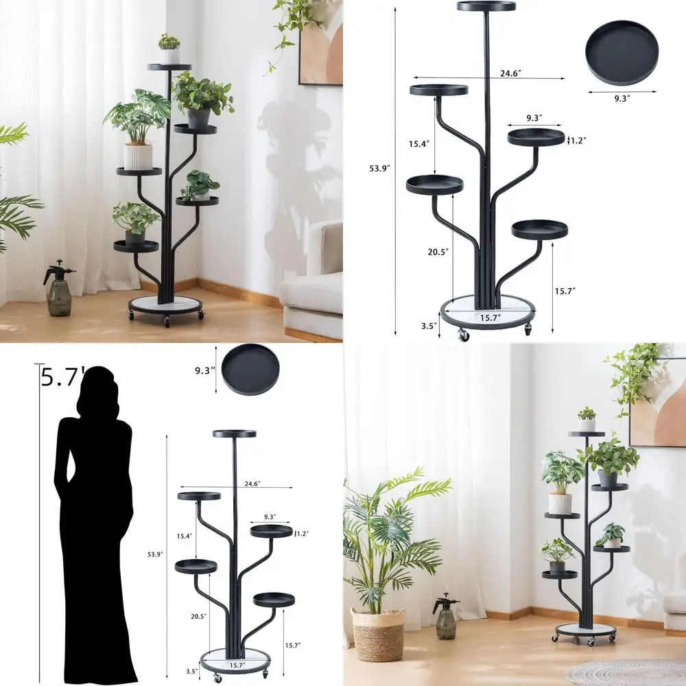 

5-Shelf Wrought Iron Indoor Plant Stand with Wheels, Rolling Metal Tiered Display for Home and Office (Black)