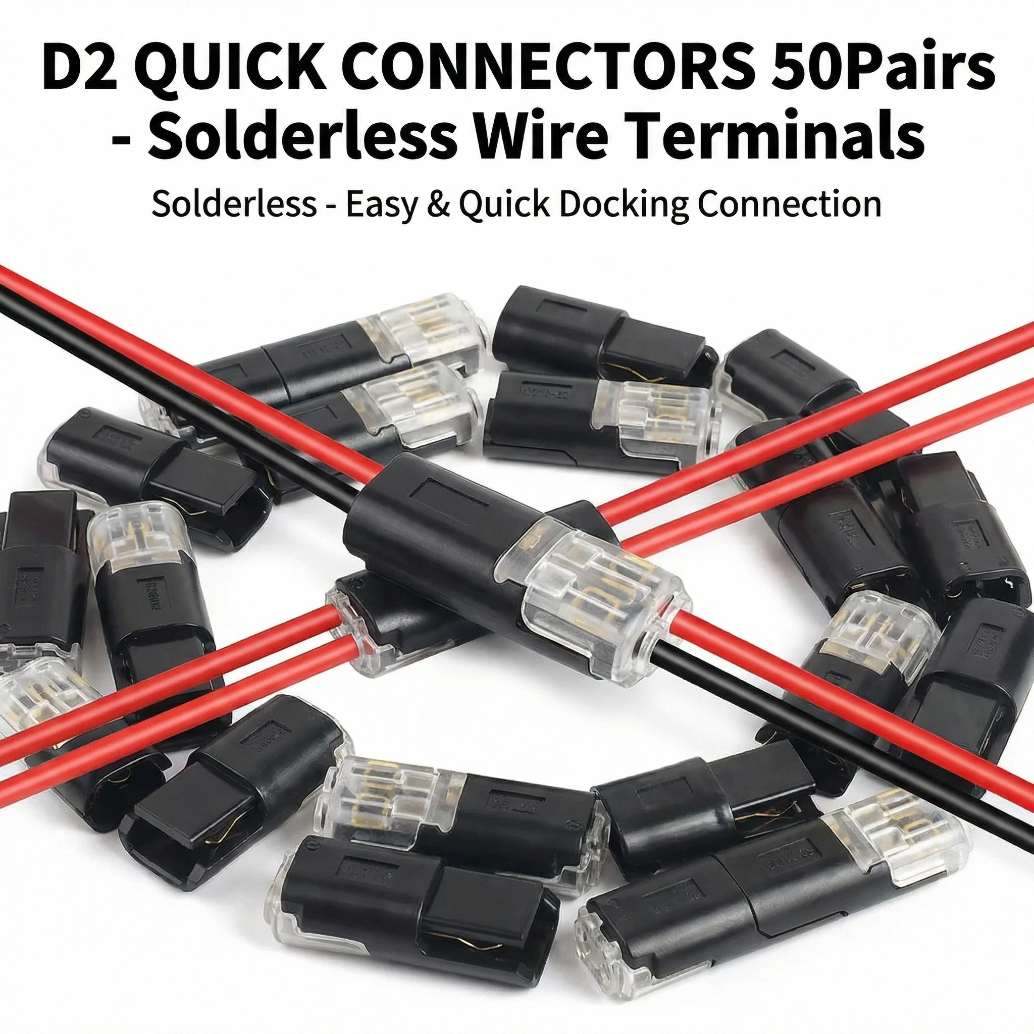 50 Pairs 2 Pin Solderless LED Wire Connector, Insulation Piercing Strip-Free Quick Plug Terminal for LED Light Cable Connection