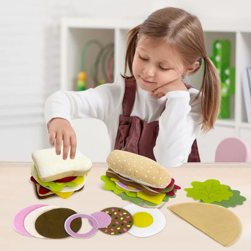 28PCS Felt Food Burger Sandwich Food Set Children Pretend to Play Food Sandwich Toys Children\'s Kitchen Role Playing Gifts