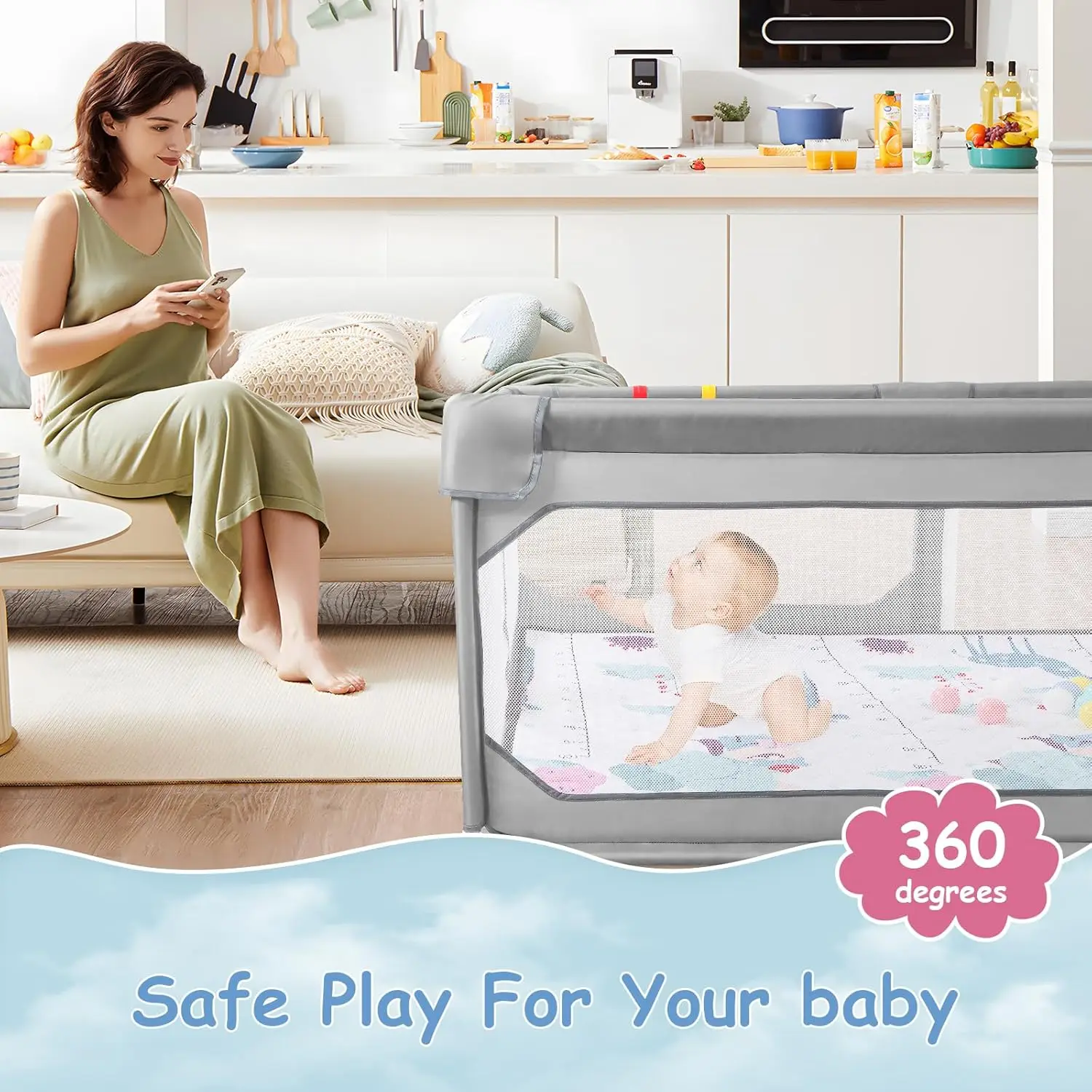 Parque infantil para bebé con tapete 75"*59", parque infantil extra grande para bebés y niños pequeños con bolsa de almacenamiento, sin BPA, no tóxico, seguro sin huecos P
