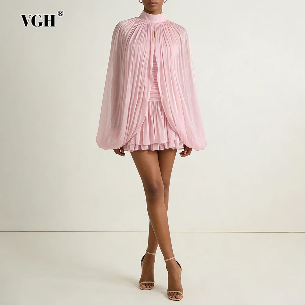 

VGH Solid Loose Elegant Two Piece Sets For Women Round Neck Long Sleeve Top High Waist Summer Casual Party Folds Set Female New