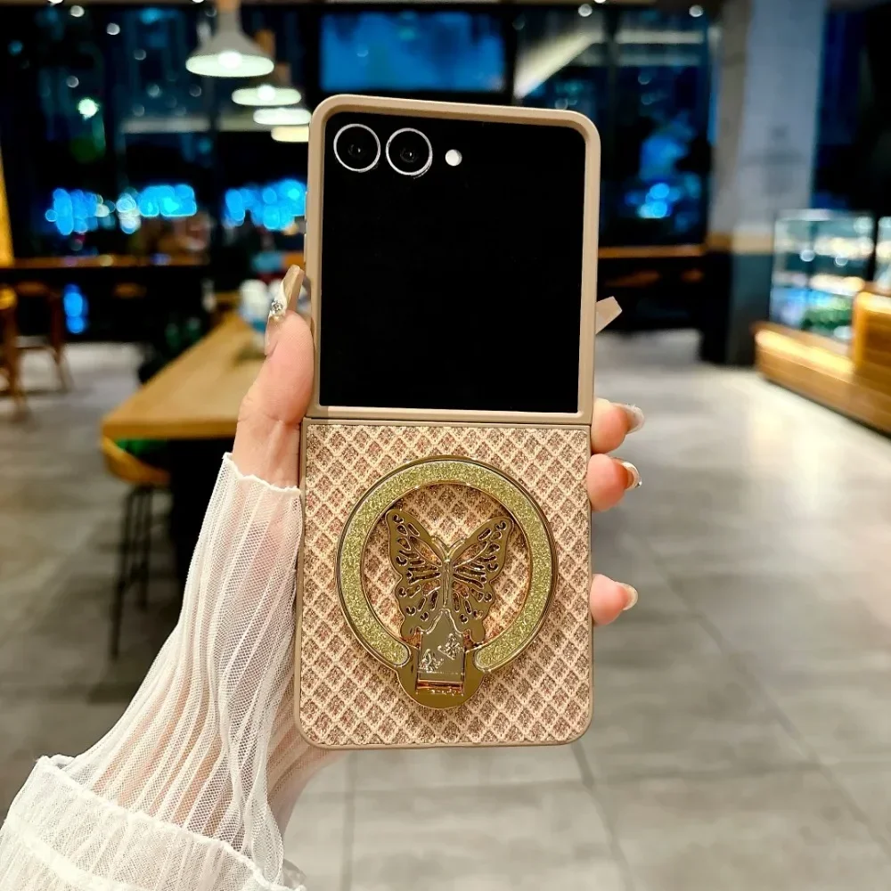 

Phone Case for Samsung Galaxy Z Flip 7 6 5 4 Flip7 Flip6 Flip5 Flip4 Luxury Leather Cartoon Butterfly Bracket Protective Cover