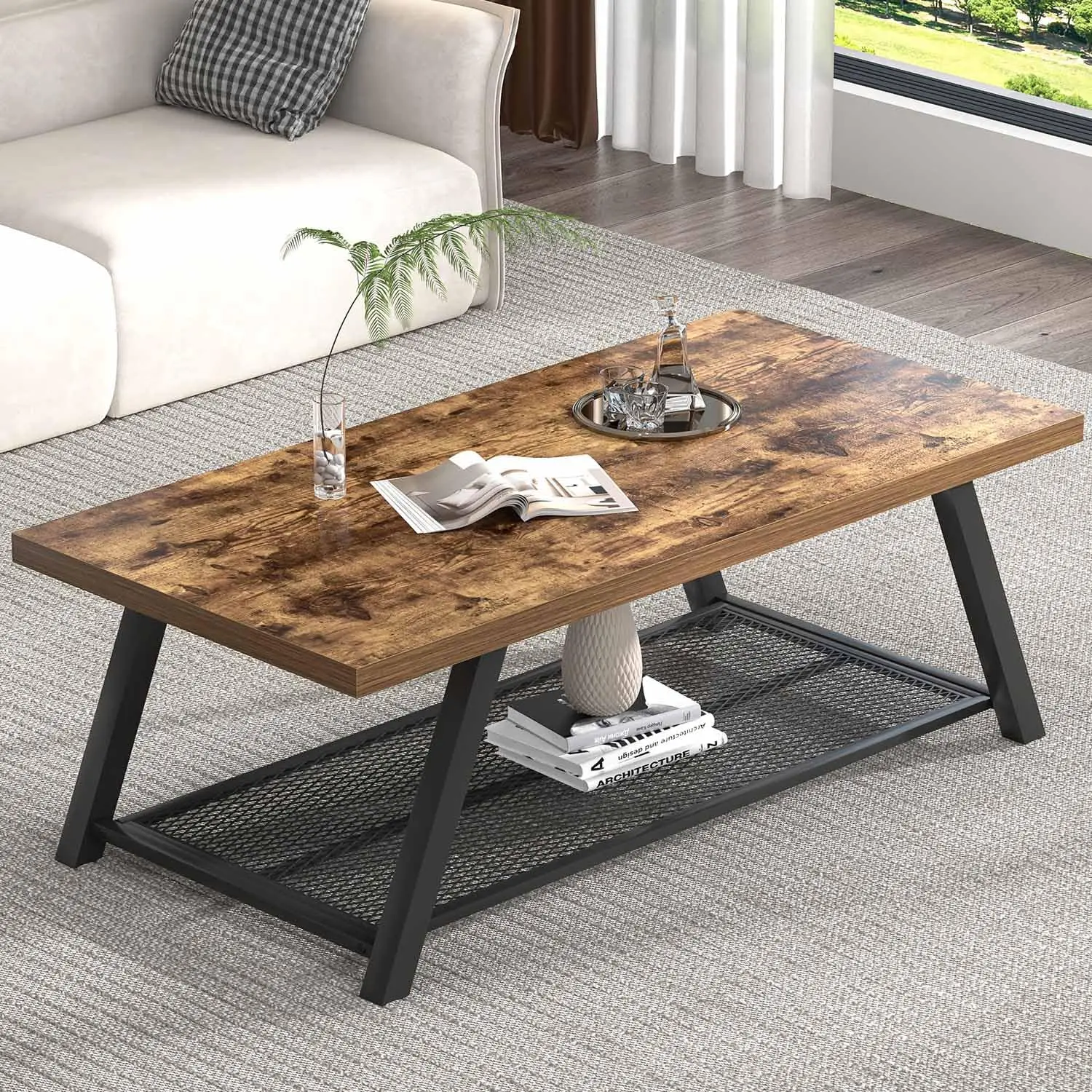 

Industrial Wood & Metal Coffee Table Storage Shelf Living Room 47 Inch Rustic Brown, Customized