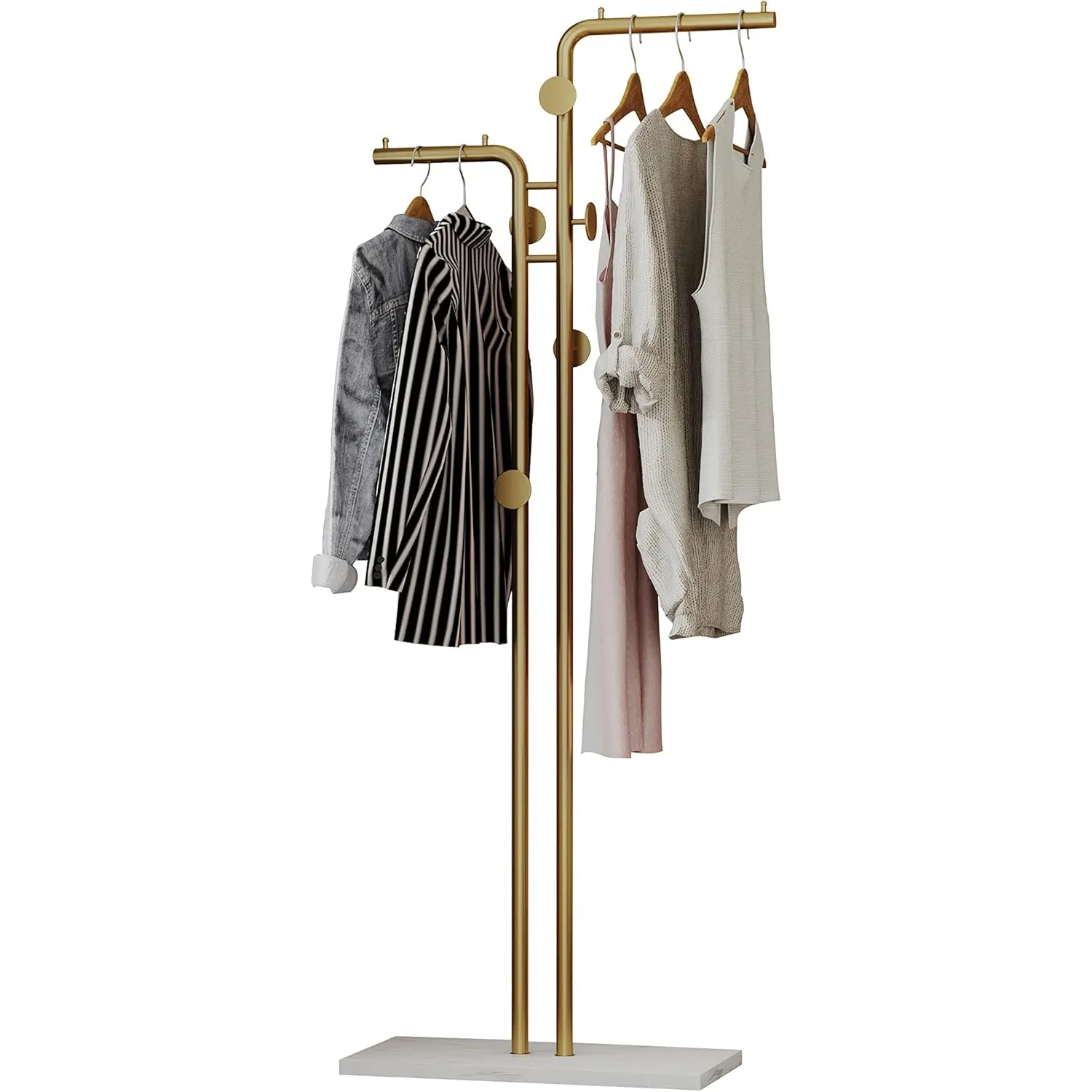 Double pole Coat Rack Freestanding Modern Metal Coat Racks Hanger Stand with 5 Hooks and Natural Marble Base for Bedroom