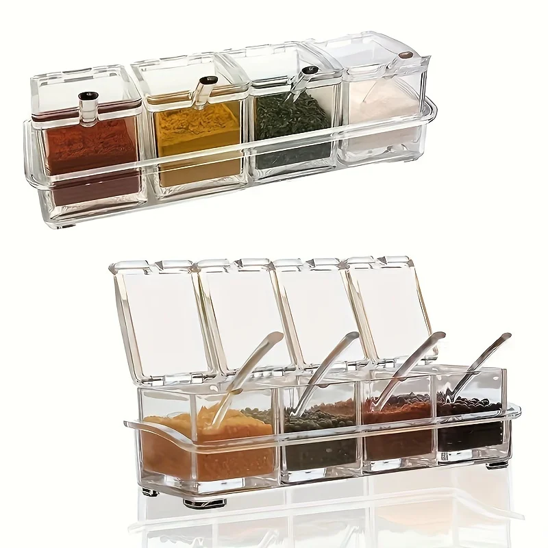 1set Clear Acrylic 4-Compartment Seasoning Box Set With Spoons, Transparent Spice  Container, Salt Sugar Seasoning Jar, Creative