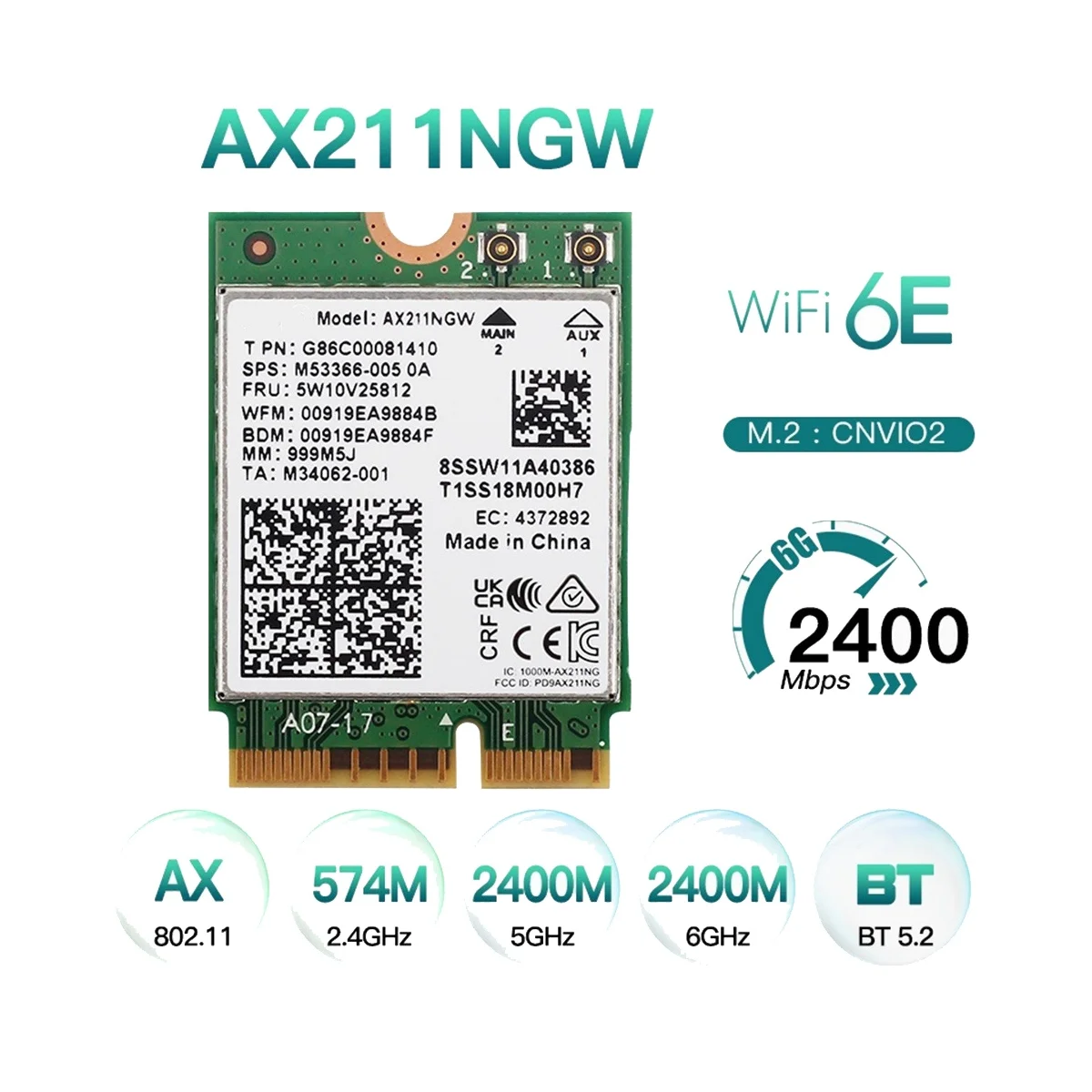 AX211NGW WiFi 6E M.2 Key E CNVio2 Dual Band 2.4Ghz/5Ghz Wireless Network Card 802.11Ac Bluetooth 5.2