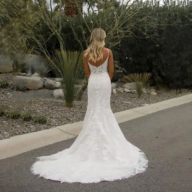 Fair Lady-vestidos de novia con cuello en V para mujer, traje de novia con tirantes de cuentas, apliques de encaje, 2024