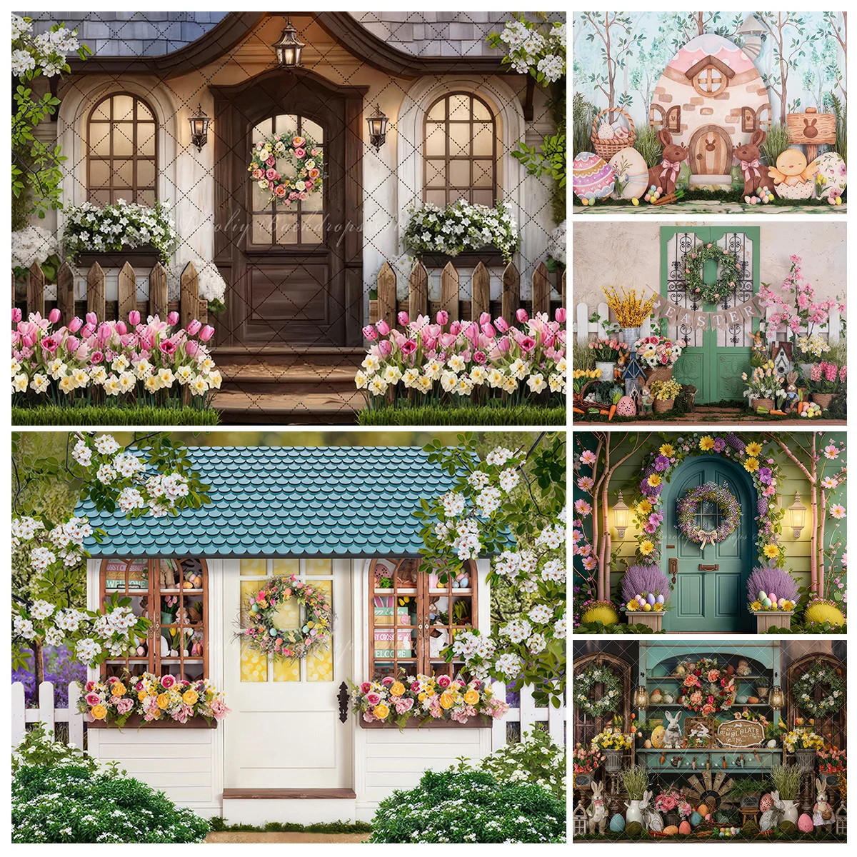 Easter Bunny Cottage Backdrop Kids Baby Cake Smash Photography Props Child Adult Birthday Photoshoot Backgrounds