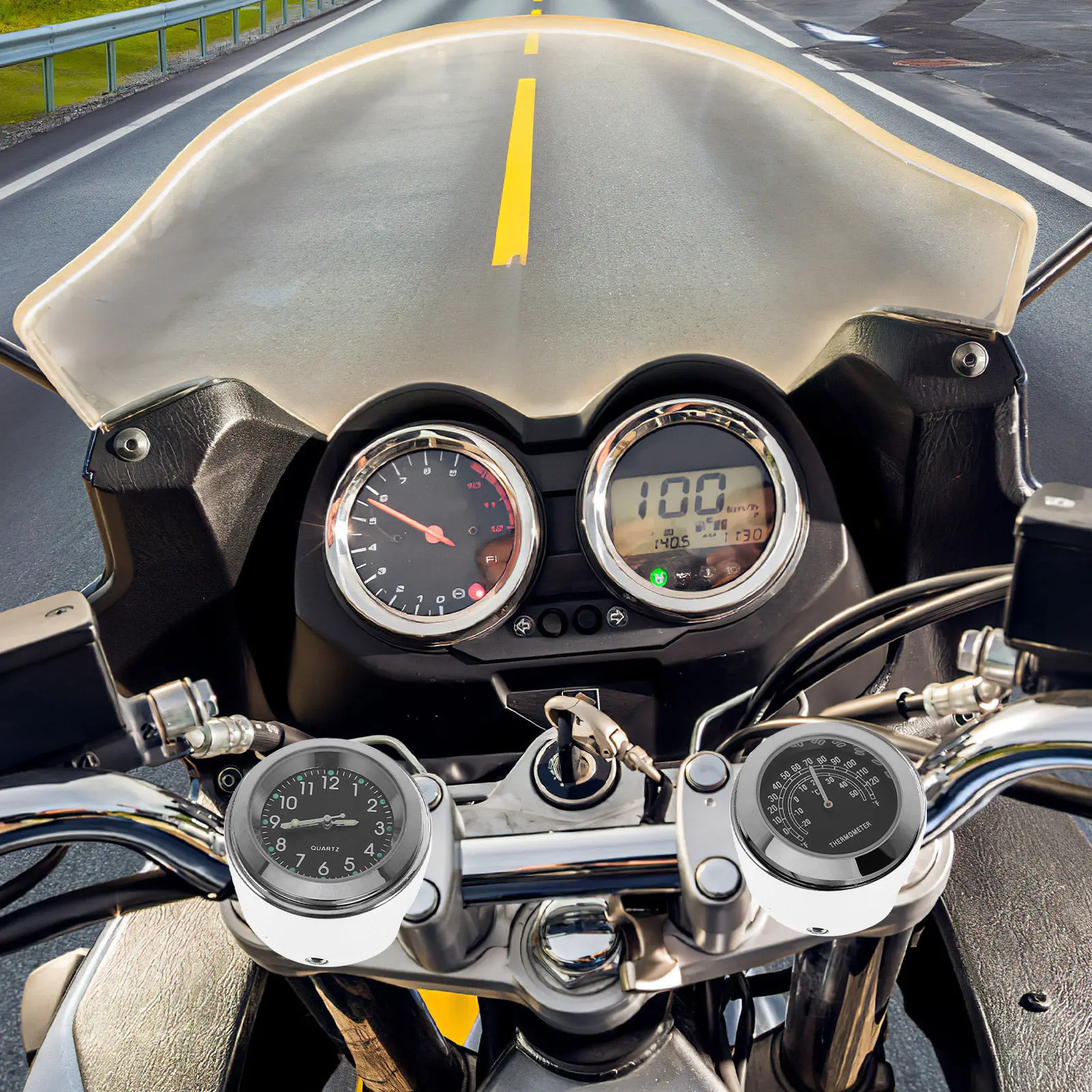 2Pcs Motorcycle Clock Thermometer Set Aluminum Alloy Waterproof Corrosion Resistant Easy Install Fit 22-25Mm