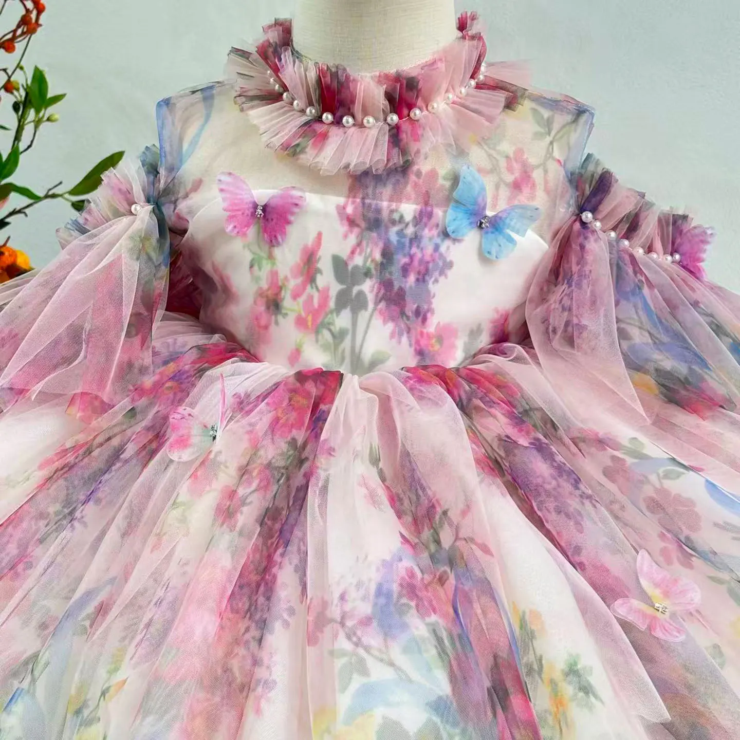 Jill Wish J052 Floral Baby Puffy Sleeve Adorable Girl Dress High Neck Knee Length Princess Wedding Birthday Party Ball Gown