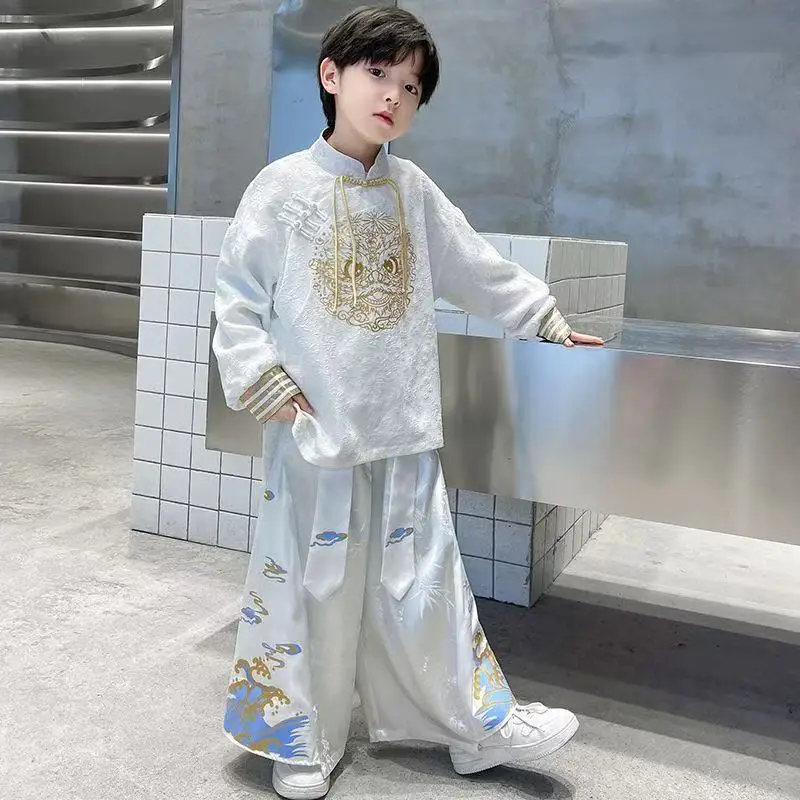 جديد النمط الصيني التنين التطريز قميص علوي فستان أطفال مع سروال داخلي الأولاد ملابس تقليدية كول الشارع موضة ملابس الاطفال تانغ البدلة