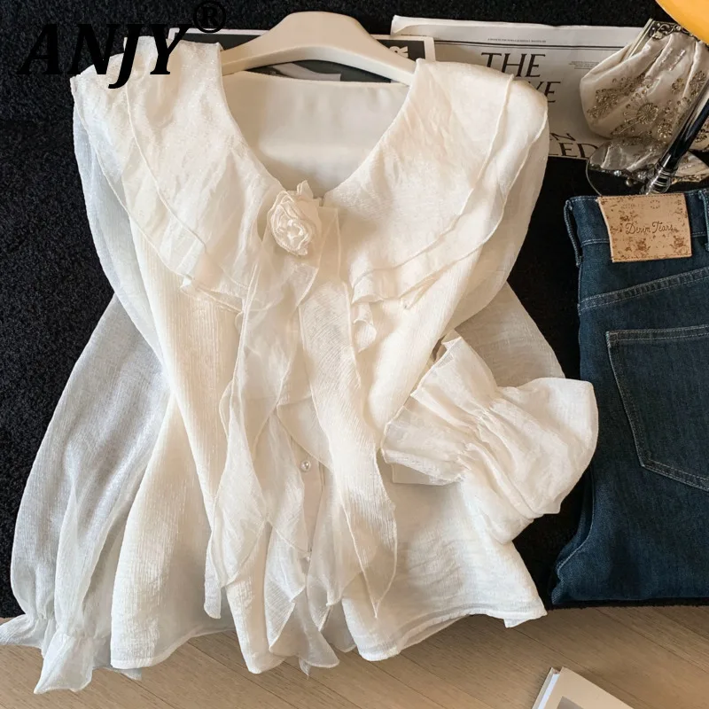 

ANJY Spring Autumn New Women French Style Ruffled Peter Pan Collar Ribbon Chiffon Blouse Trendy Stylish Sweet Loose Shirt A20080