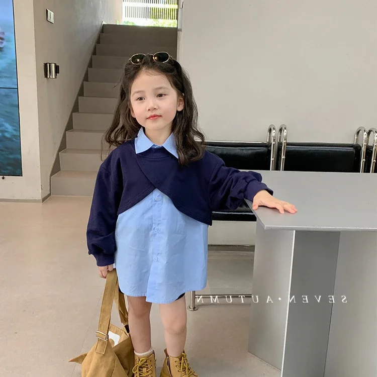 Children's T-shirt Korean Version Fashionable Fake Two Shirts Patchwork Lapel Color Contrast Casual Hoodie Kids Clothes