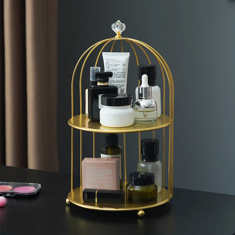 1pc, metal birdcage cosmetic organizer with double base for bathroom living room, perfume storage