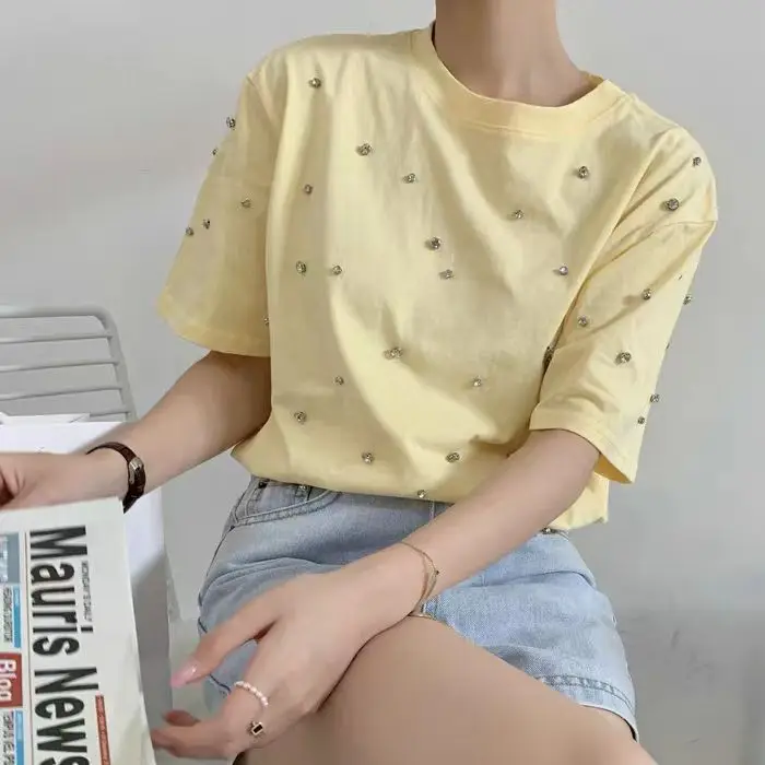 2024 Short Sleeved T-shirt Heavy Duty Diamond Inlaid Versatile Loose Look Slim Spring and Autumn Summer Top Women\'s Trendy