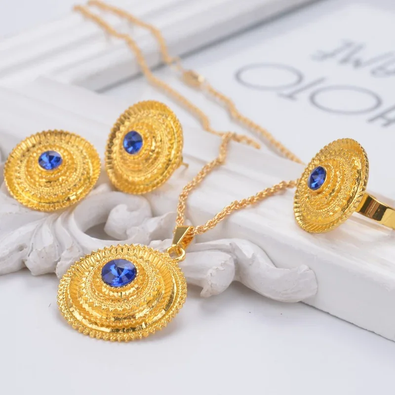 Shamty Ethiopian Bridal Jewelry Blue Stone Pure Gold Color African Gold Set Nigeria Sudan Eritrea Kenya Eretrean A30013BLUE