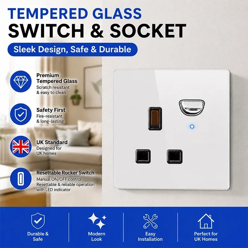 UK/EU International white wall light switch panel Tempered glass self-reset 1/2/3/4 Gang 1/2 /3Way LED indicator panel