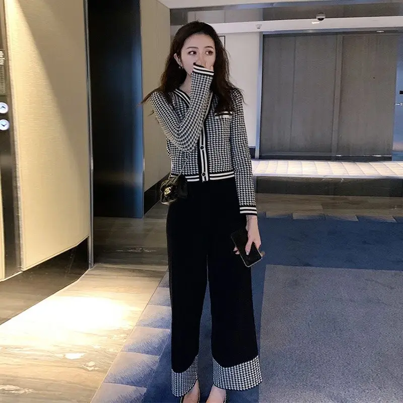 Ladies Trouser Knitted Crochet Lattice Women's Pants Two Piece Set Wide Leg Sweater Spring Autumn Casual Elegant Top and Bottom