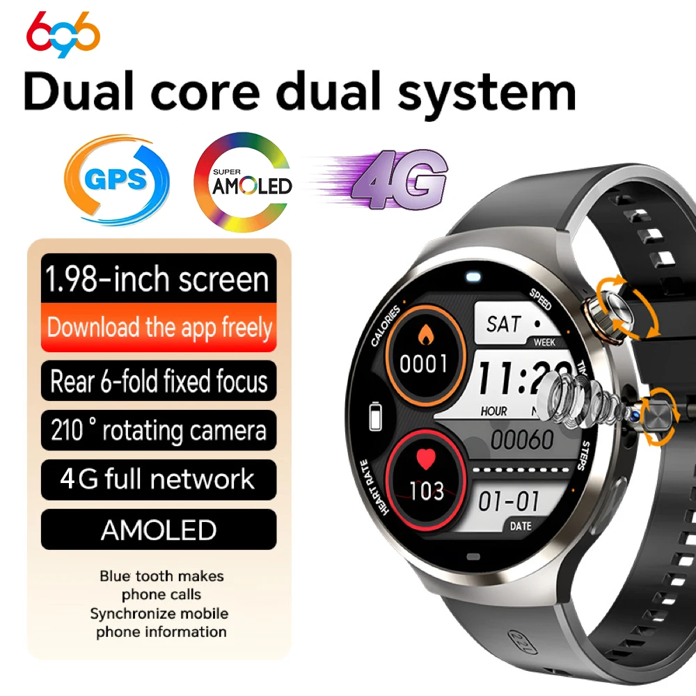 

Новые умные часы AMOLED Screen 210 ° Вращающаяся камера GPS Положение Здоровье Сердечный ритм Смарт-часы Загрузка через приложение Часы с SIM-картой NFC