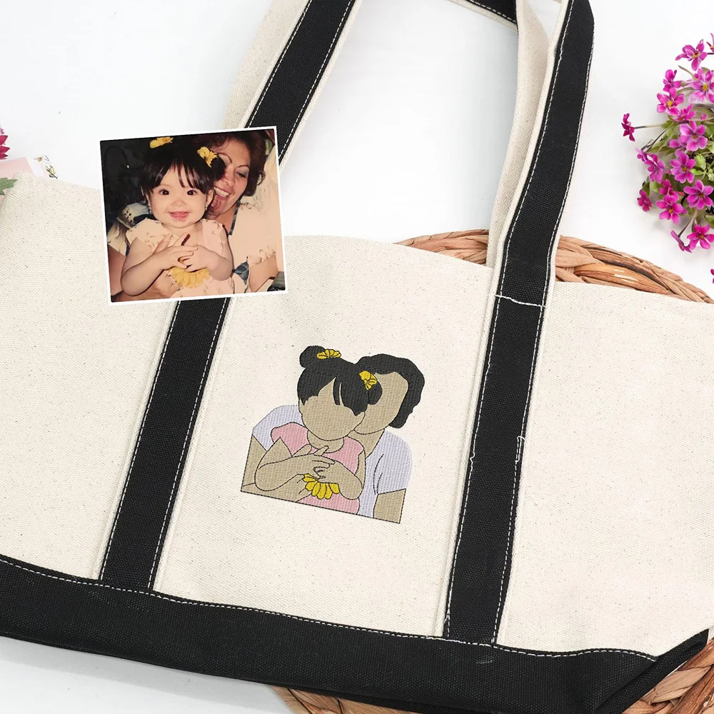 

Custom Mother's Day Tote Bag Personalized with Kids Photo Lightweight Colorblock Foldable Canvas for Mom Shopping Travel Gift