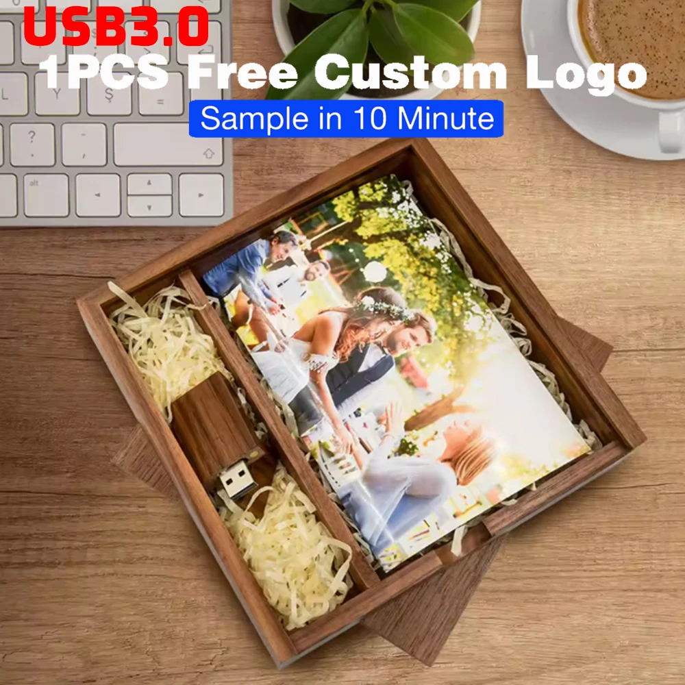 

100% настоящая емкость USB 3.0 Флэш-накопители для фотографий Деревянная коробка для фотоальбома Pen Drive Бесплатный логотип 64 ГБ 128 ГБ Свадебный подарок U-диск