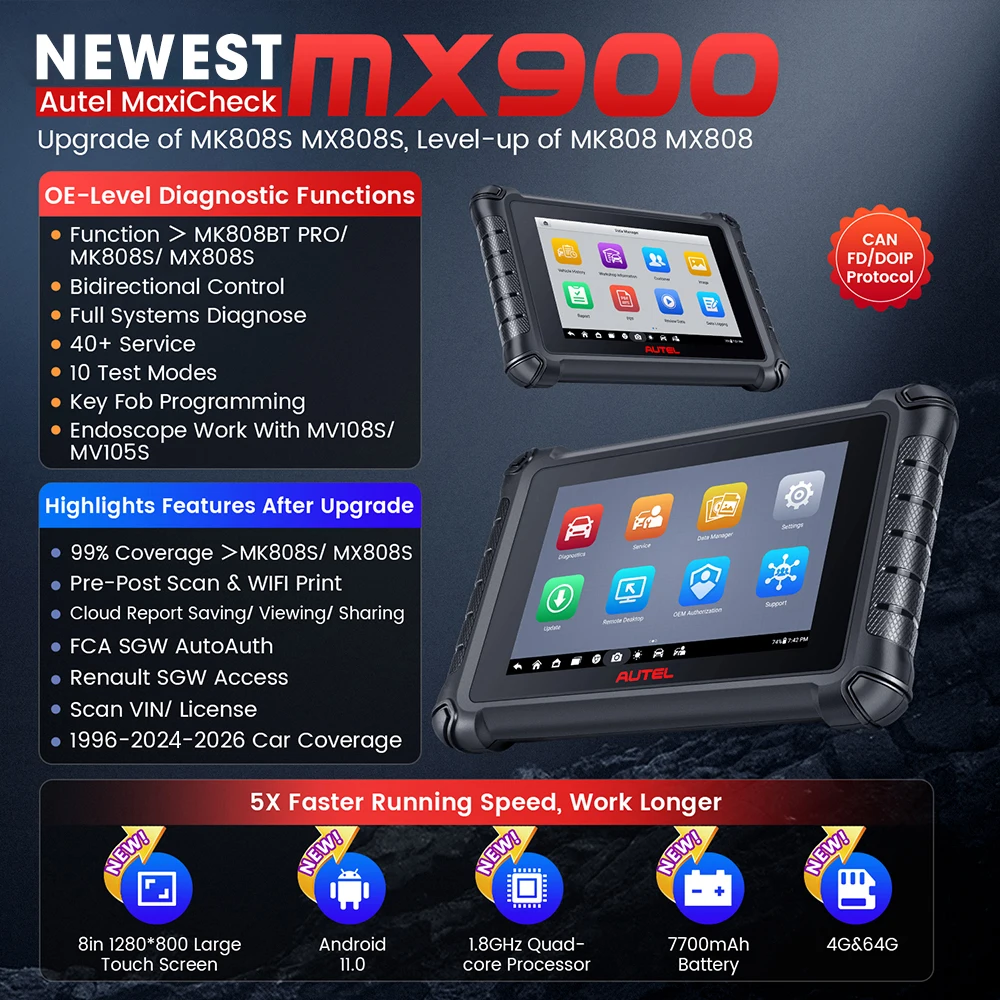 Autel MaxiCheck MX900 Diagnostic Tools CAN FD DoIP 8 Inch Full Bidirectional Control OBD2 Scanner All-System Diagnosis Scan Tool 40+ Service Upgrade of MK808S