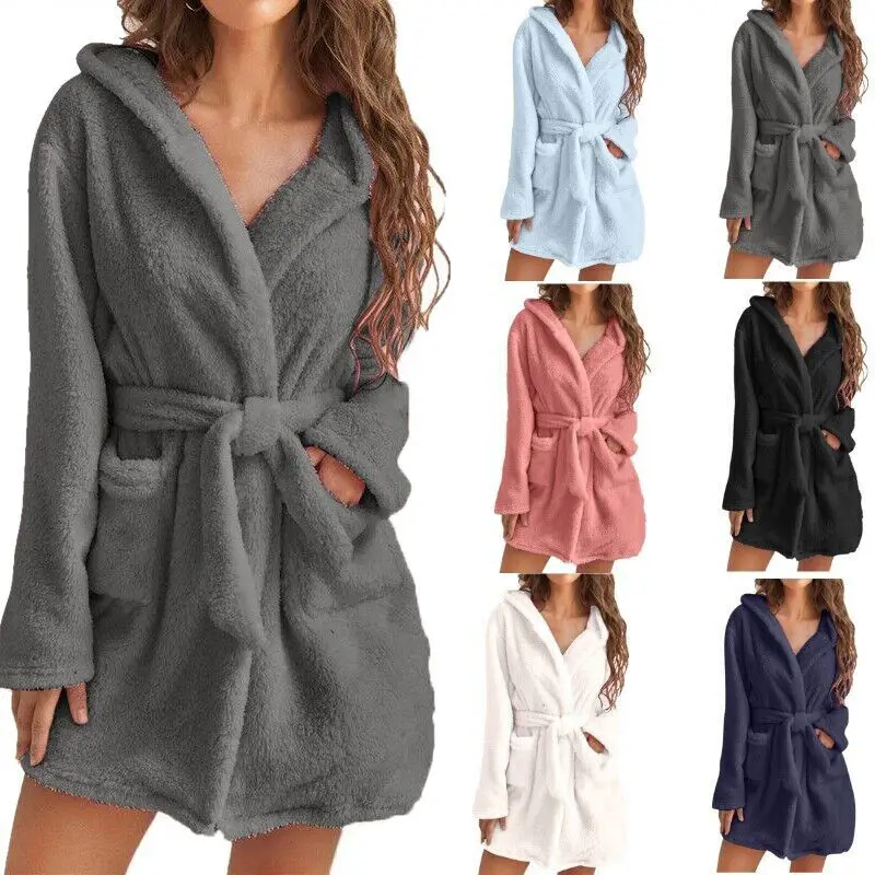 

Winter Women'S Solid Color Simple Warm Fluffy Bathrobe Thickened Hooded Plush Pajamas Home Casual Long Jackets Bathroom Supplies