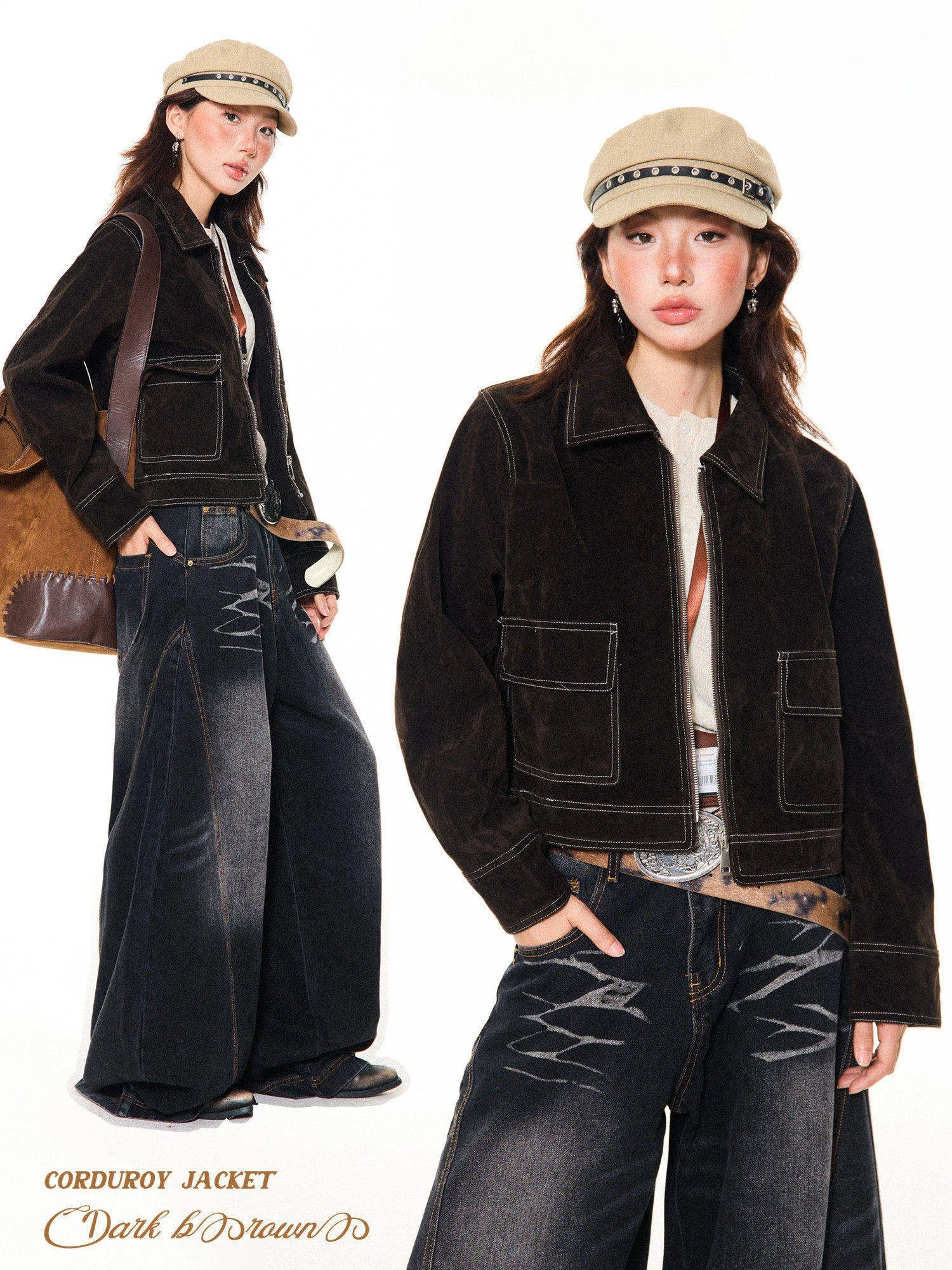 

American Sle Suede Jaet Women's Loose ort Top with Stitching Line Autumn Versatile Outerwear by Young Stage