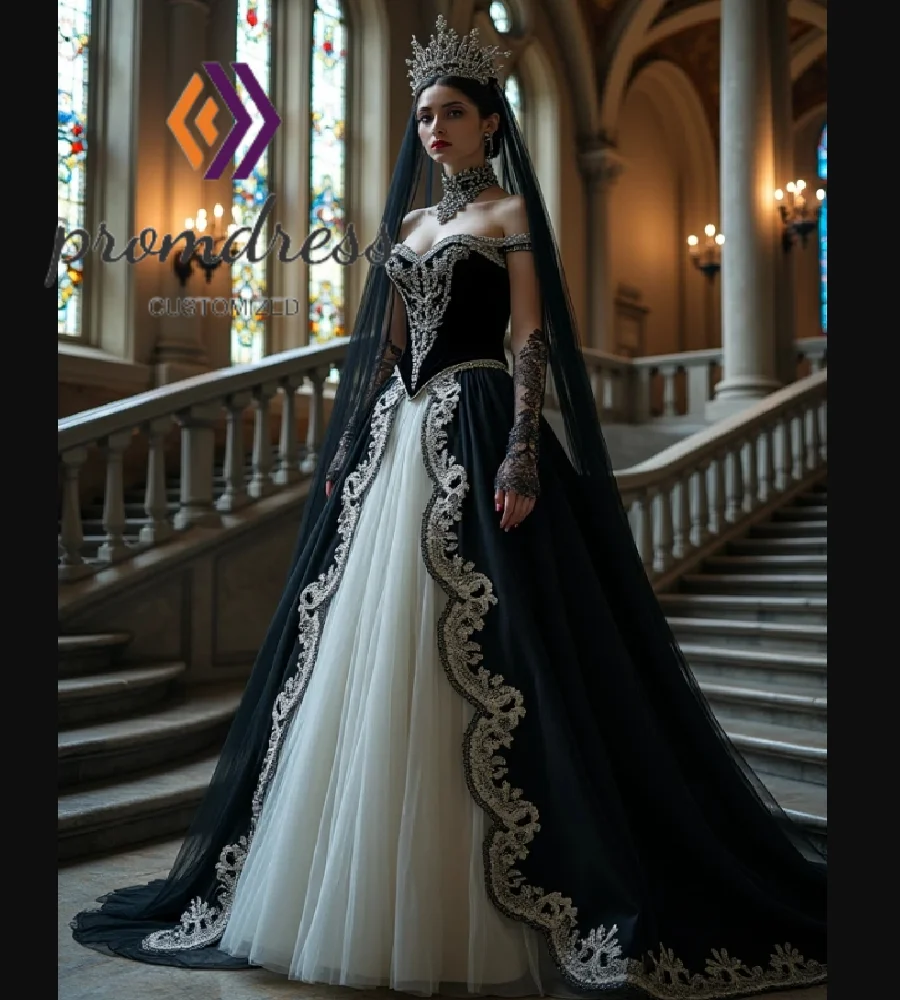 

Victorian Era Black Gothic Wedding Dress Renaissance Glamorous Bridal Dress 2025 Lace Elf Woodland Mysterious Bride Dress Regal
