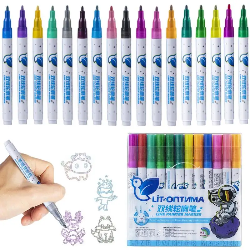 Outline Markers Colorful Outline Markers Self-Outline Markers 24 Color Sparkle Markers Art Pens For Doodling Scrapbooking