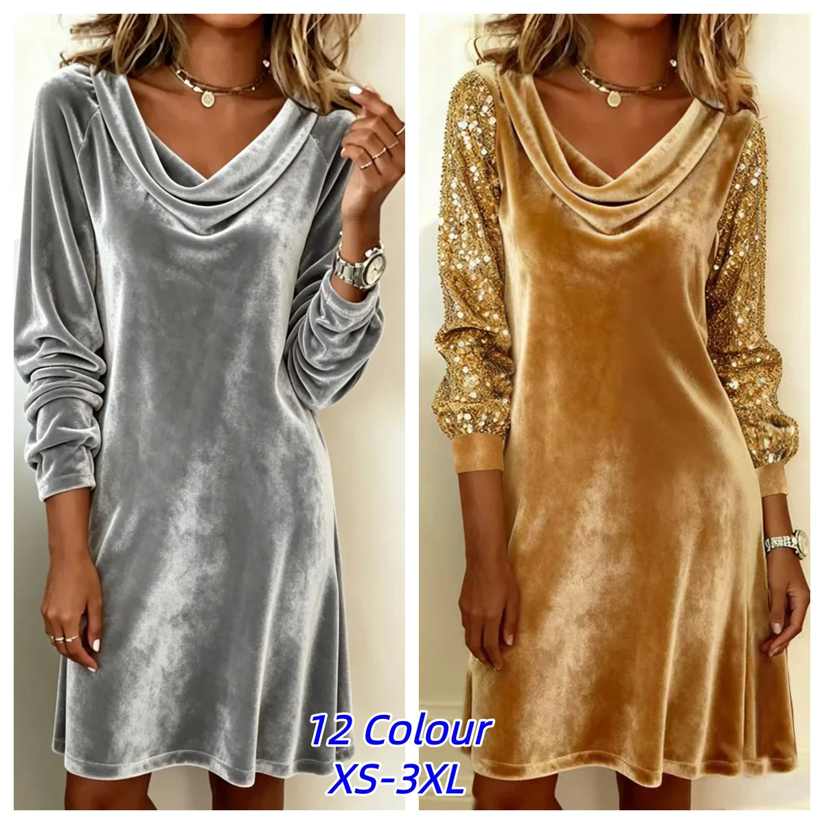 Herbst Winter Einfarbiges Plissiertes Weiches Samtkleid Damen Mode Schwingkragen Langes Party Vintage Langarm Pullover Paillettenkleid