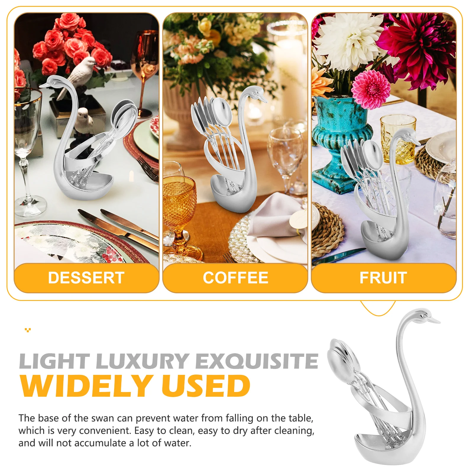 1 Set Alloy Swan Base Dessert Spoons Anti-Rust Kitchen Tableware Coffee Spoon Set Household Storage Rack For Dining