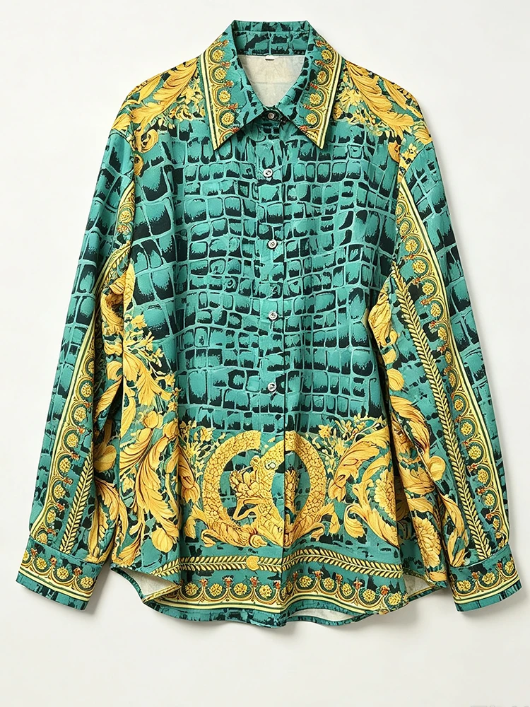Retro Crocodile Gold Printed Women's New Suit Lapel Single-breasted Long-sleeved Shirt Wide-leg Pants Holiday Two-piece Set view 3