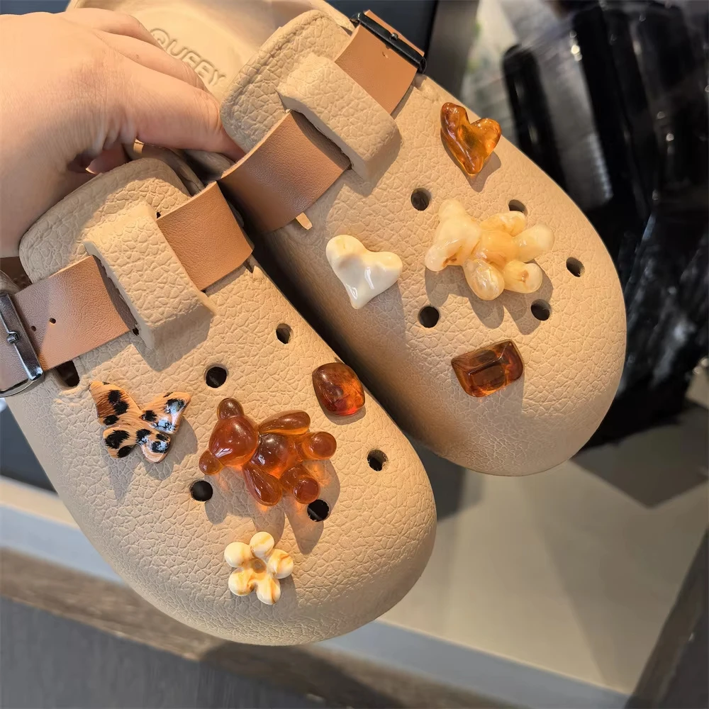 Autumn Winter Shoe Charm Teddy Bear Plush Slippers Leopard Print Amber Shoe Flowers Boken Shoes Maillard Colored Shoe Buckles