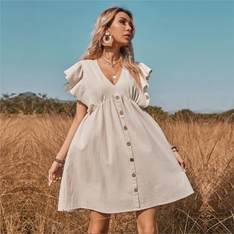 V-neck lace short-sleeved style single-breasted large swing A-line dress women's pastoral style casual commuting all-match dress