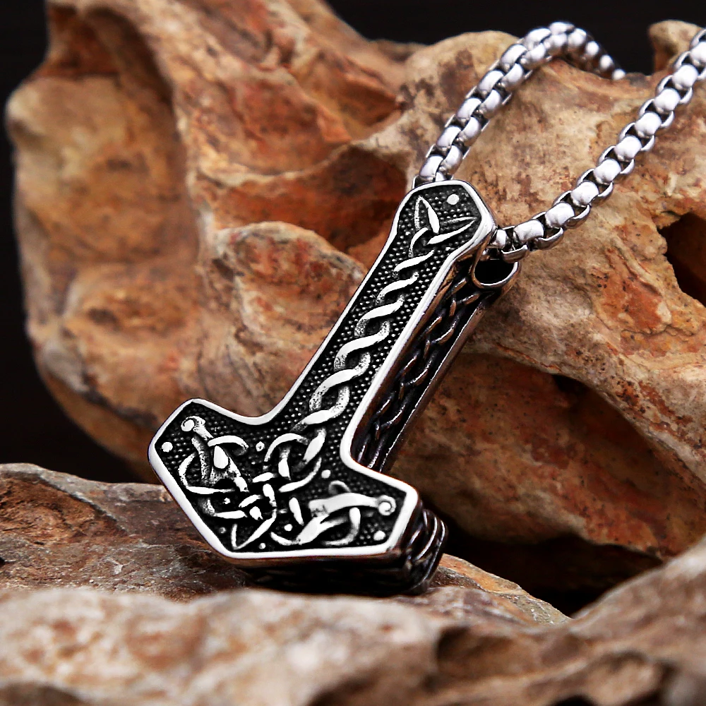 Nordic Viking Thor Hammer Pendant For Men Stainless Steel Vintage Celtic Knot Necklace Biker Amulet Jewelry Gifts Dropshipping