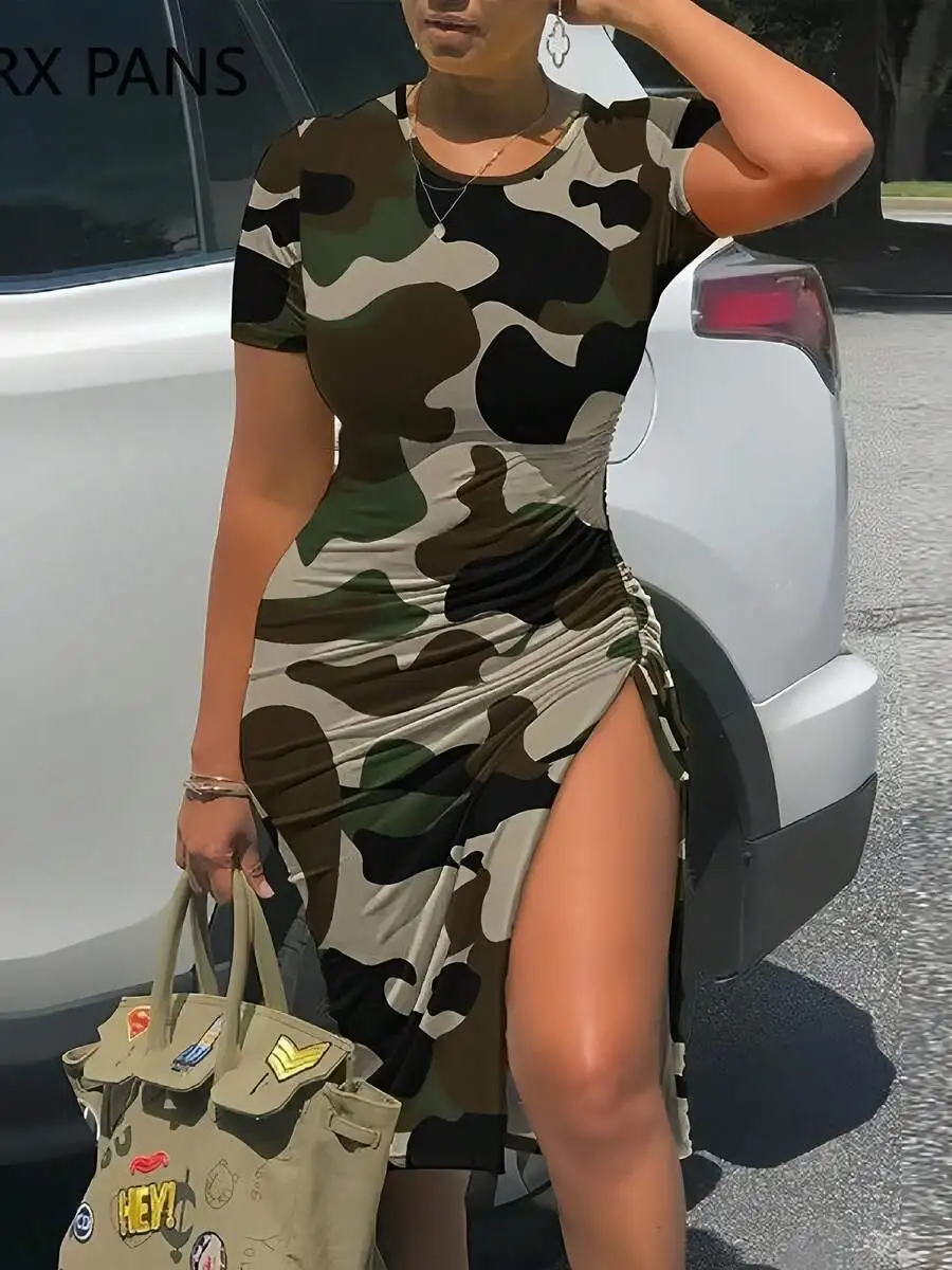 

Camouflage Print Short Sleeve Bodycon Midi Dress With Slit And Ruched Detail