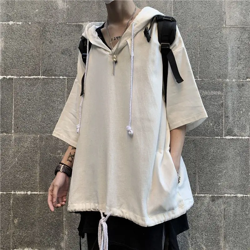 Men\'s Harajuku Pockets Patchwork T Shirts Summer New Short Sleeve Loose Hooded Solid Drawstring Tops Trend Casual Men Clothing