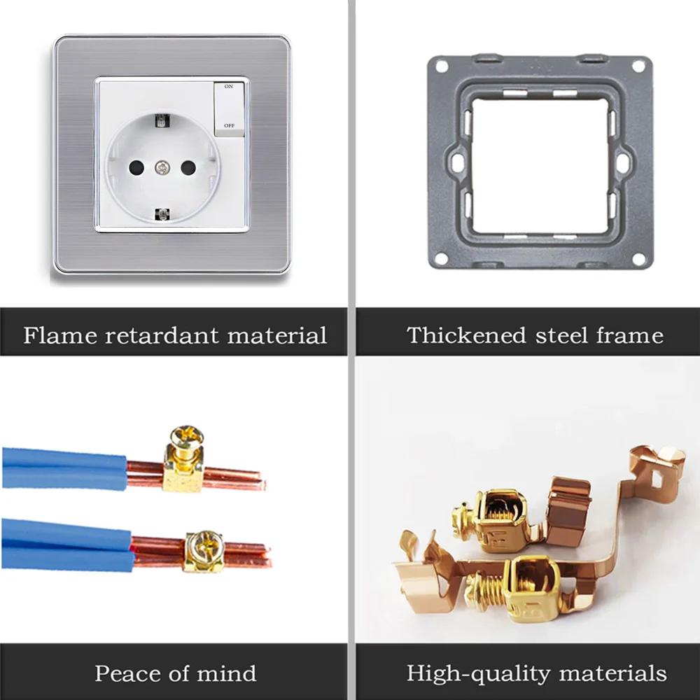 EIOMR EU 16A Wall Socket with Small Switch Button Power Outlet Russia Spain Variety Stainless Steel Glass PC Socket Panel Mount