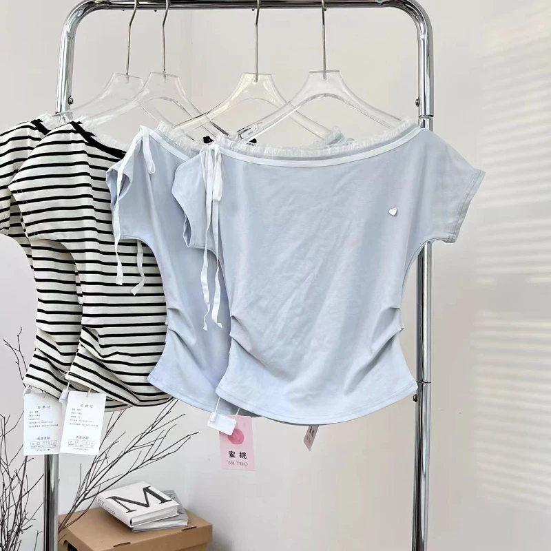 Bomon عادية الحلو الاتجاه الكورية مخطط المرأة تي شيرتات قصيرة الاكمام الصيف الدانتيل حافة القوس الشارع موضة واحدة الكتف Ins #6