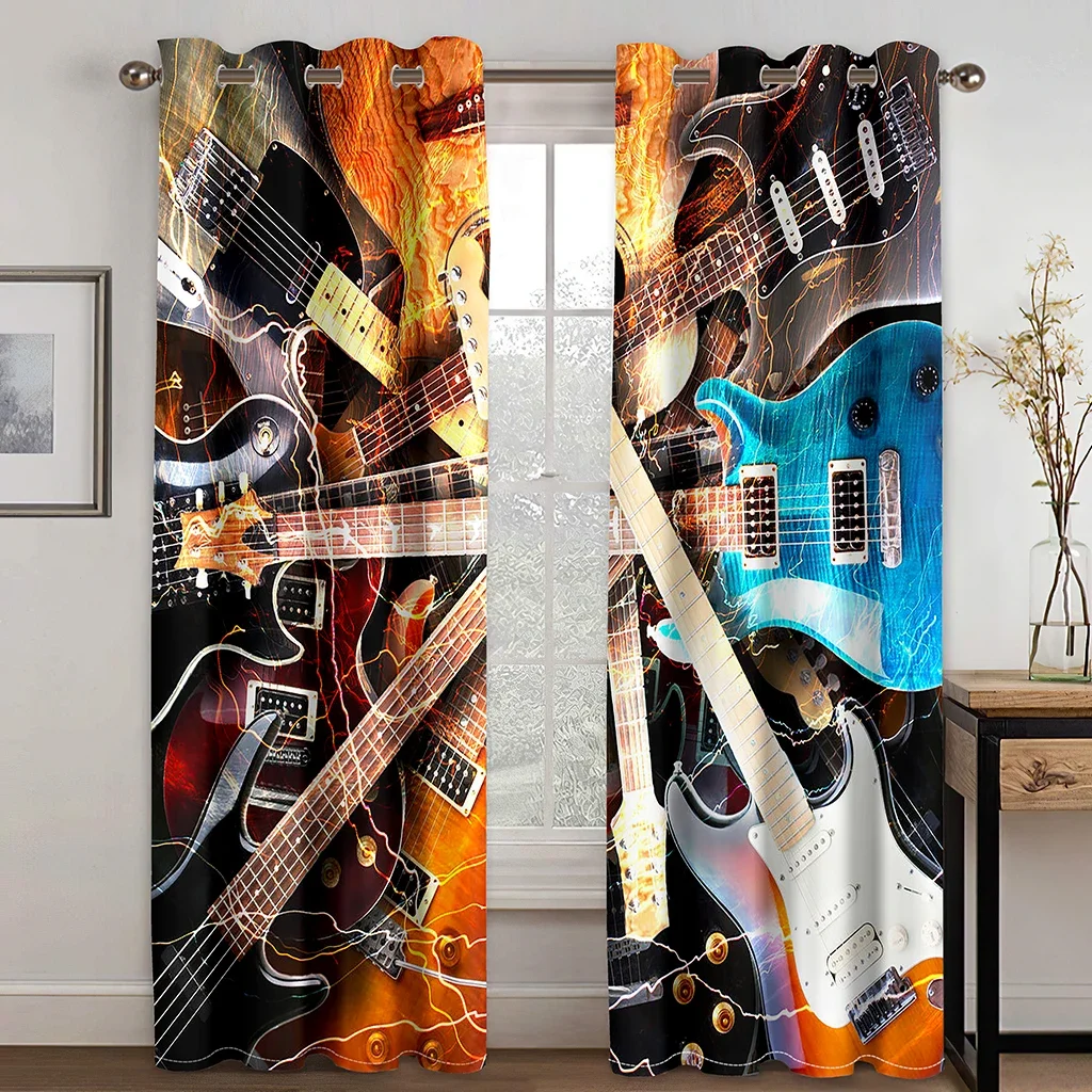 Music Decor Electric Guitars on Lighted Wooden Print Thin Window Curtains for Bedroom Living Room Drapes Free Shippig 2 Pieces