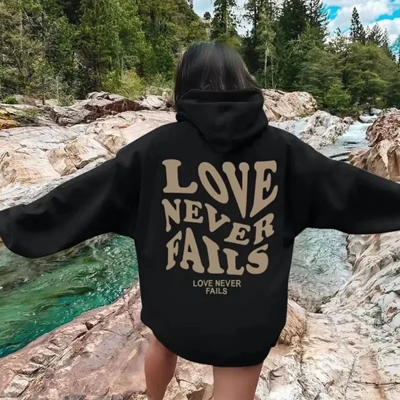 Love Never Fails Harajuku Kangaroo Pocket Hoodie, Aesthetic Hoodie Women Oversized Sweatshirt Fleece Hoodie