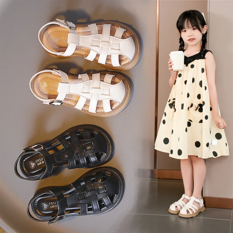 

2024 Summer New Kids Sandals Girls Vintange Weave Solid Closed Toe Roman Sandals Children Soft Sole Princess Beach Outdoor Shoes