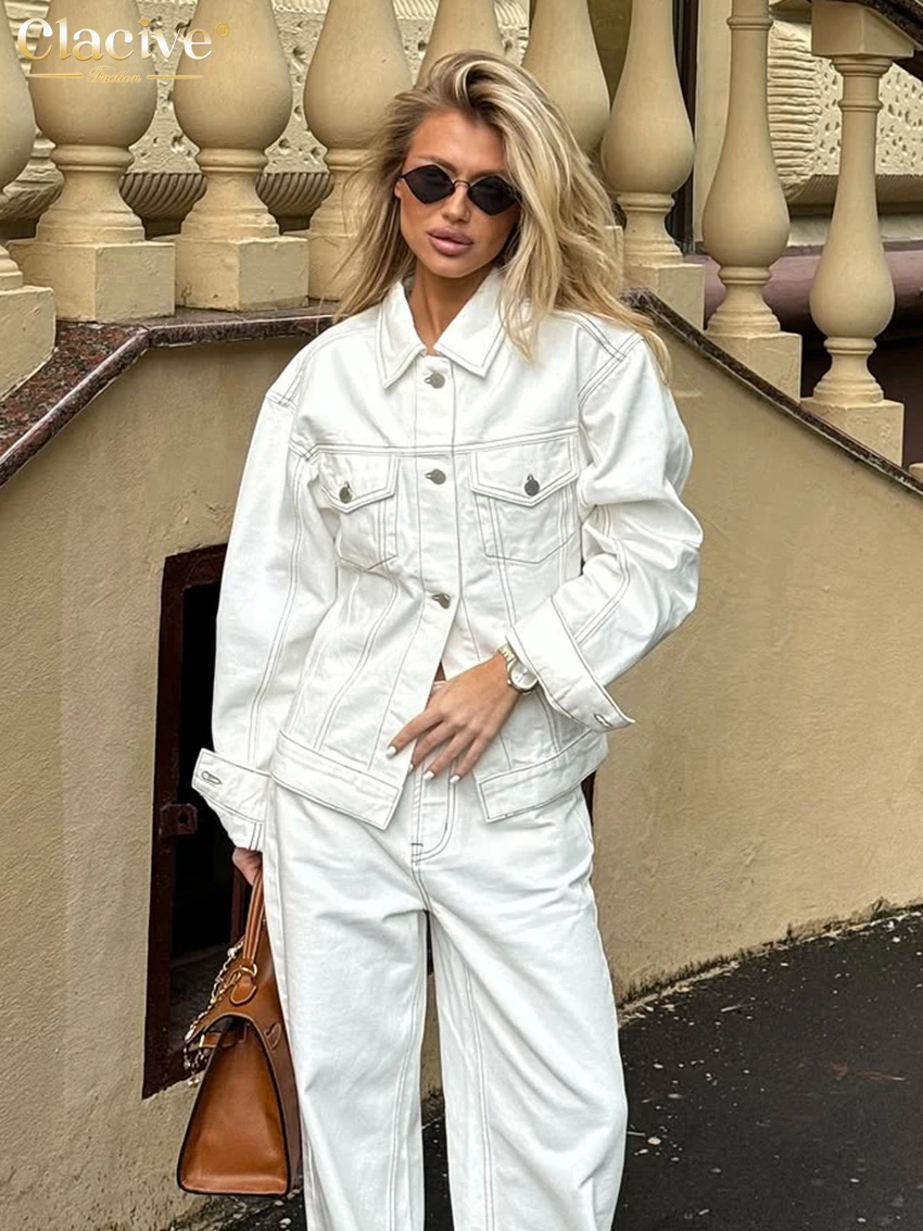 Clacive Fashion Loose White Woman 2 Piece Set Outfit 2026 Elegant Long Sleeve Shirt With High Waist Wide Pants Set Streetwear