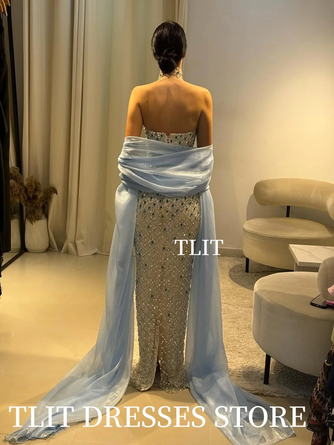 فساتين سهرة بحورية البحر من الساتان اللامع من TLIT مخصصة من فساتين سهرة بدون حمالات بكريستال الأورجانزا شال فساتين حفلات