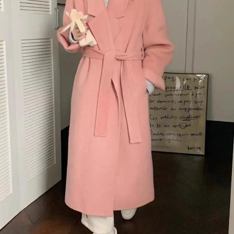 

Винтажное шерстяное женское пальто средней длины, свободное пальто на шнуровке с отложным воротником, женская модная осенне-зимняя куртка 2025 года, новинка