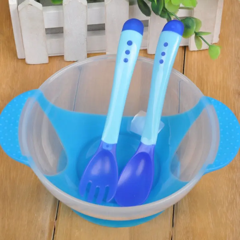 Baby Solid Dinnerware Set Sucker bowl+Spoon+Fork BPA Free Flatware Non-Slip Anti-Fall Baby Feeding Set Toddler Kid Training Bowl