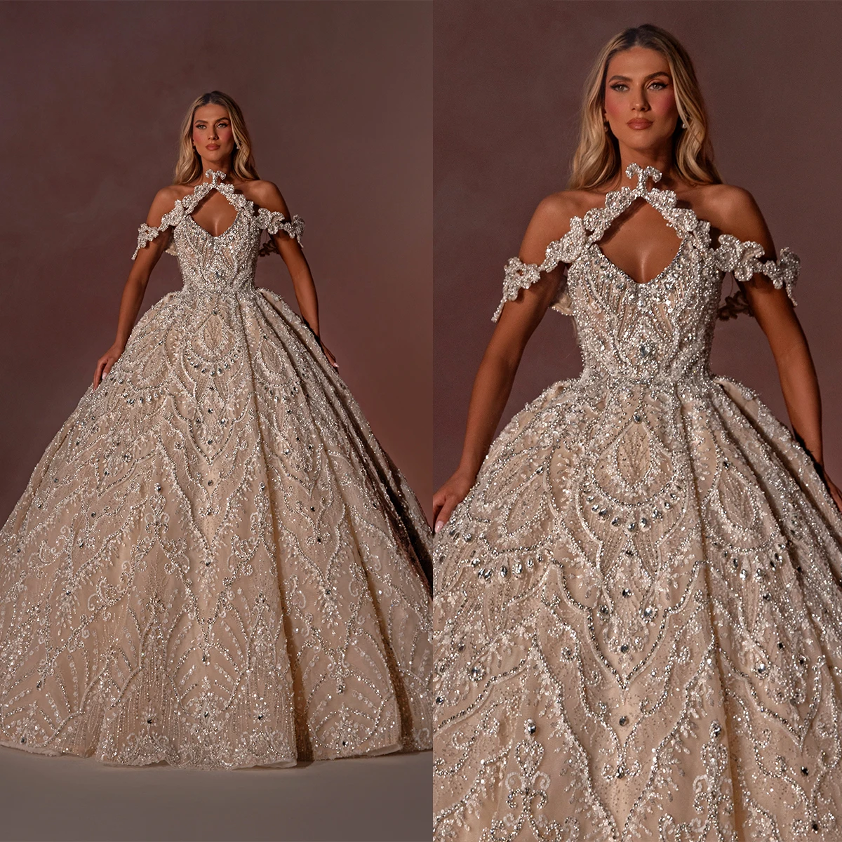 Vestido de novia brillante con lentejuelas y hombros descubiertos para mujer, vestido de novia de cristal, tren de barrido sin mangas, hecho a medida